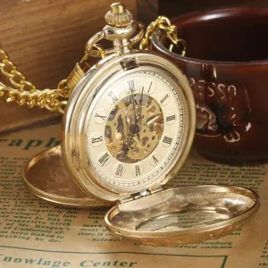 Gold Steel Carving 2 Sides Open Case Roman Dial Mechanical Pocket Watch