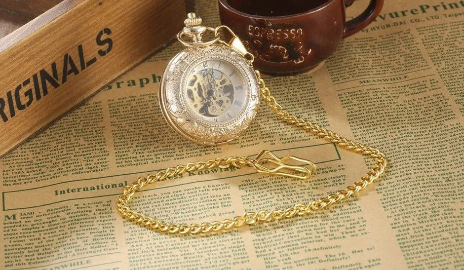 Gold Steel Carving 2 Sides Open Case Roman Dial Mechanical Pocket Watch