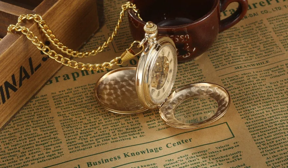 Gold Steel Carving 2 Sides Open Case Roman Dial Mechanical Pocket Watch