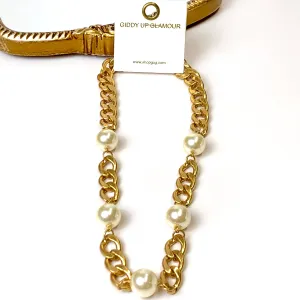 Gold Tone Chain Necklace with Pearl Bead Accents