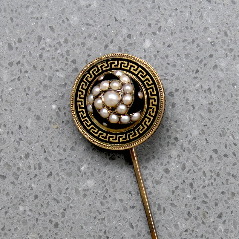 Gorgeous Greek Key Pearl & Enameled Gold Stick Pin