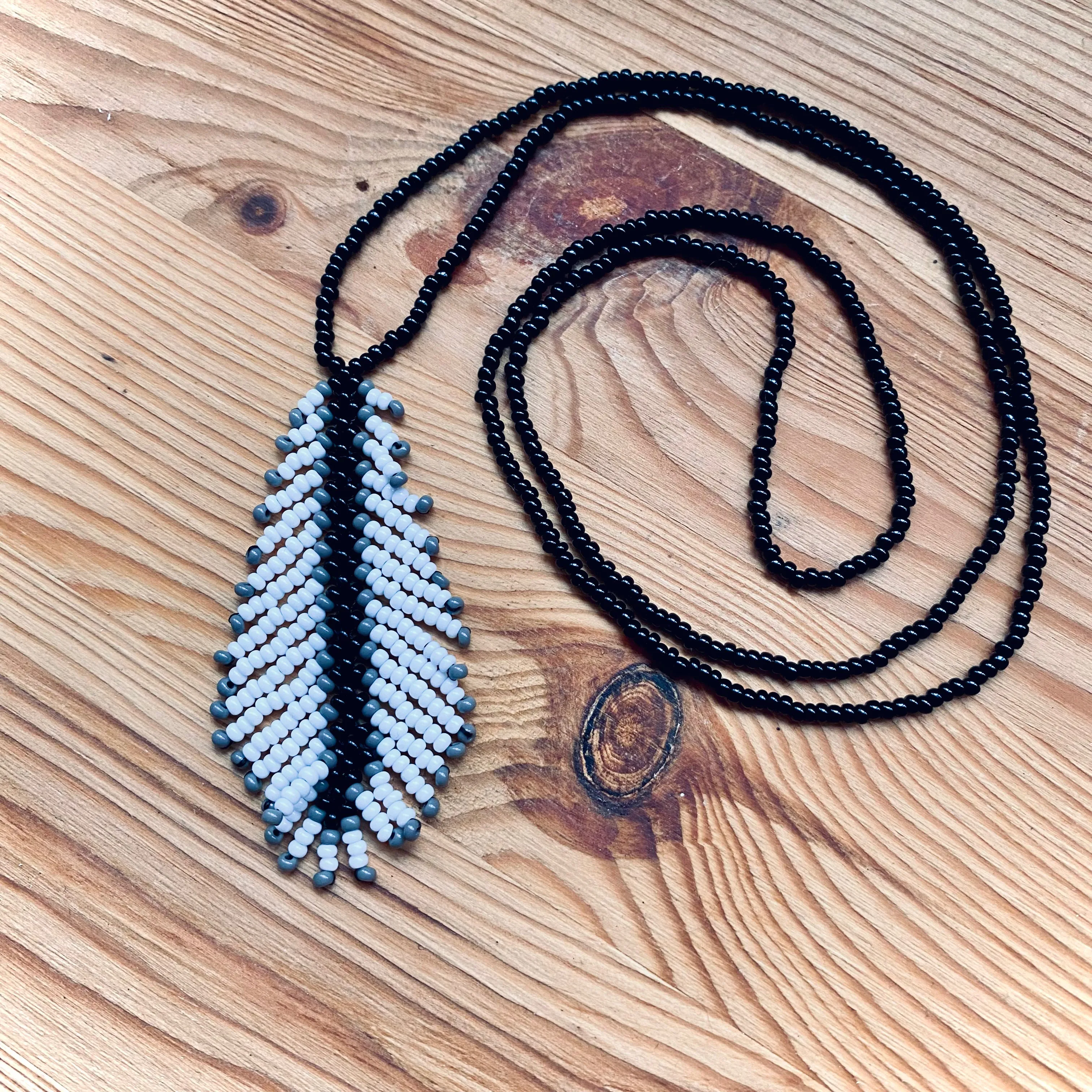 Handmade Black White Seed Beaded Feather Necklace for Women and Men in hippie boho style