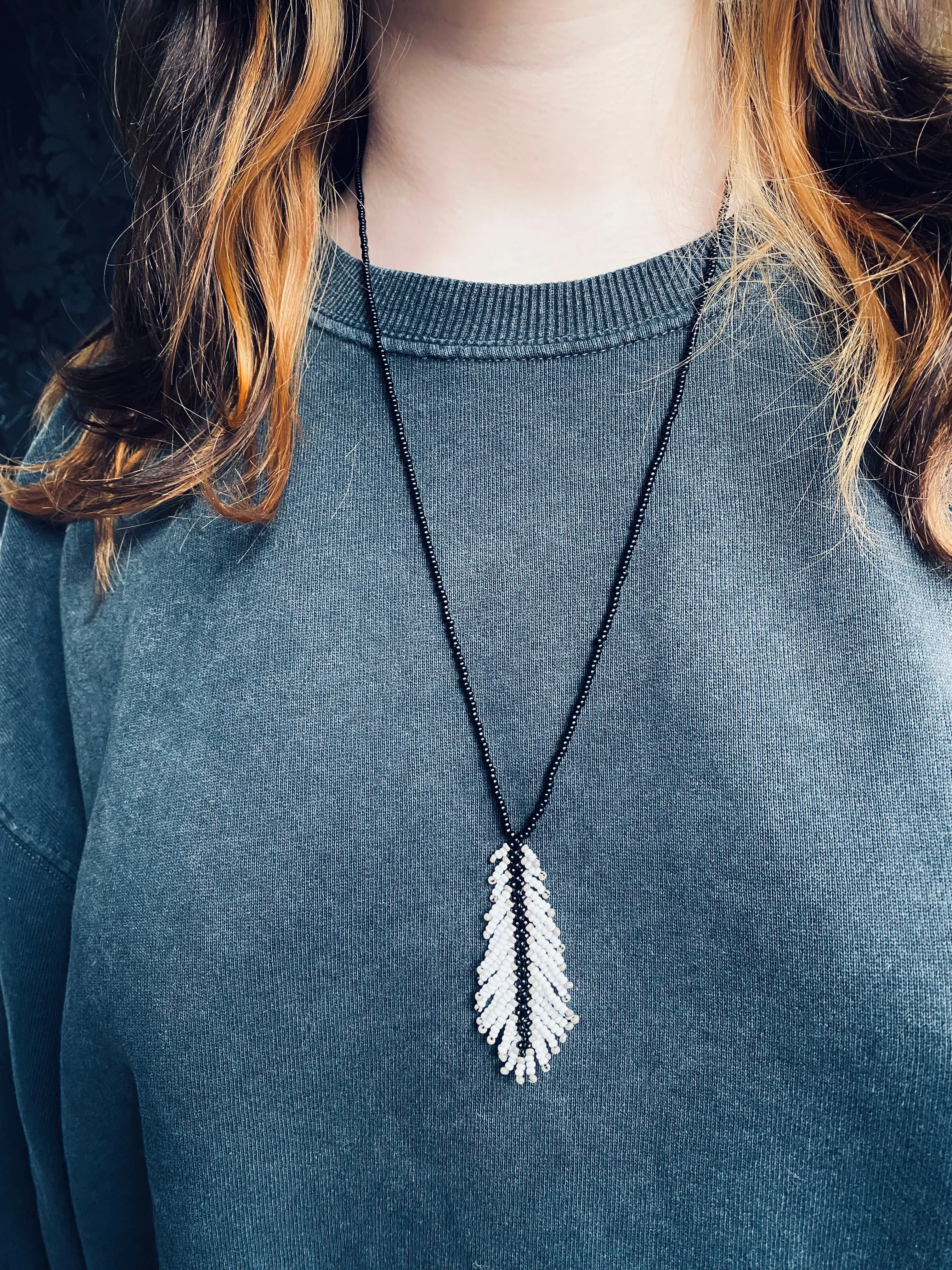 Handmade Black White Seed Beaded Feather Necklace for Women and Men in hippie boho style