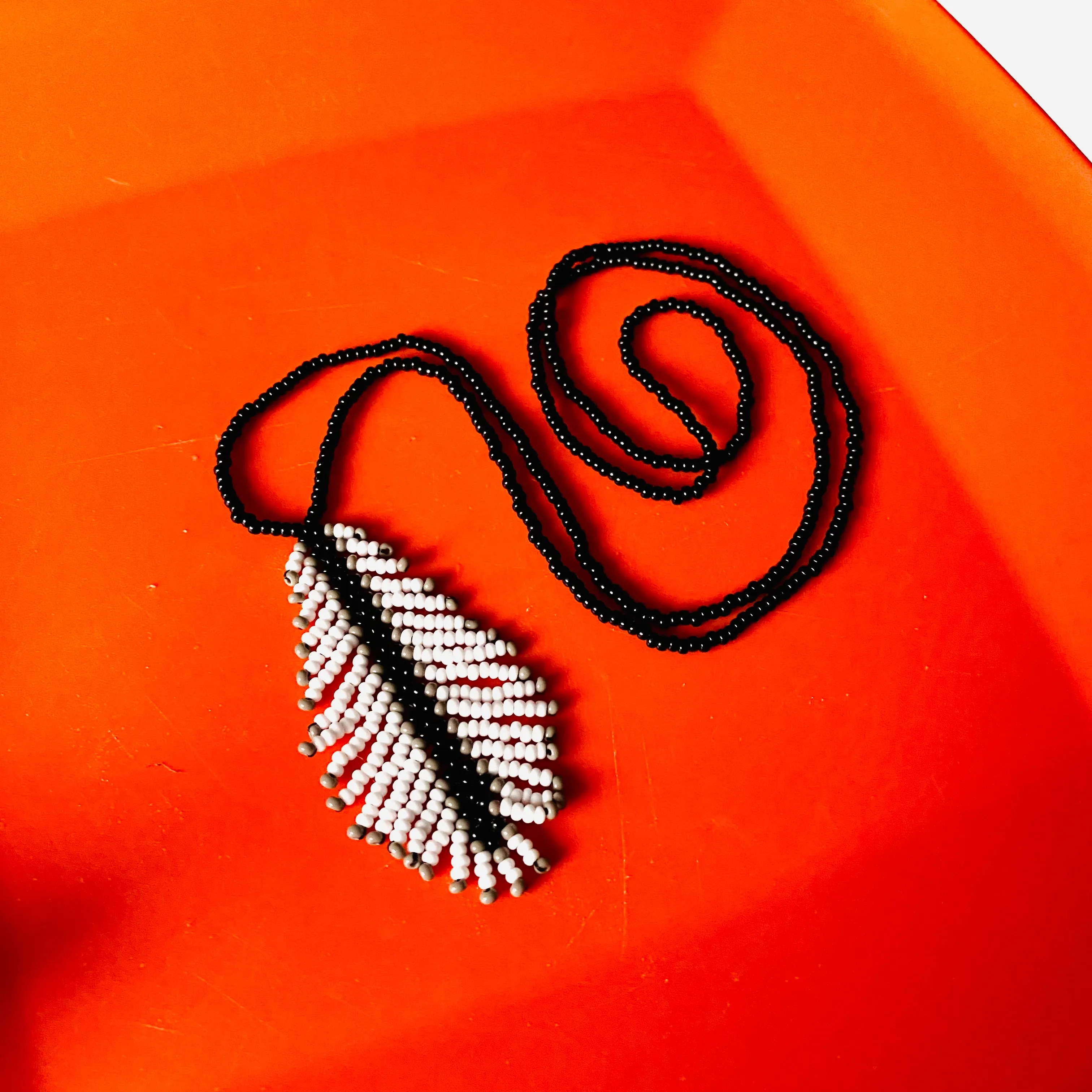 Handmade Black White Seed Beaded Feather Necklace for Women and Men in hippie boho style