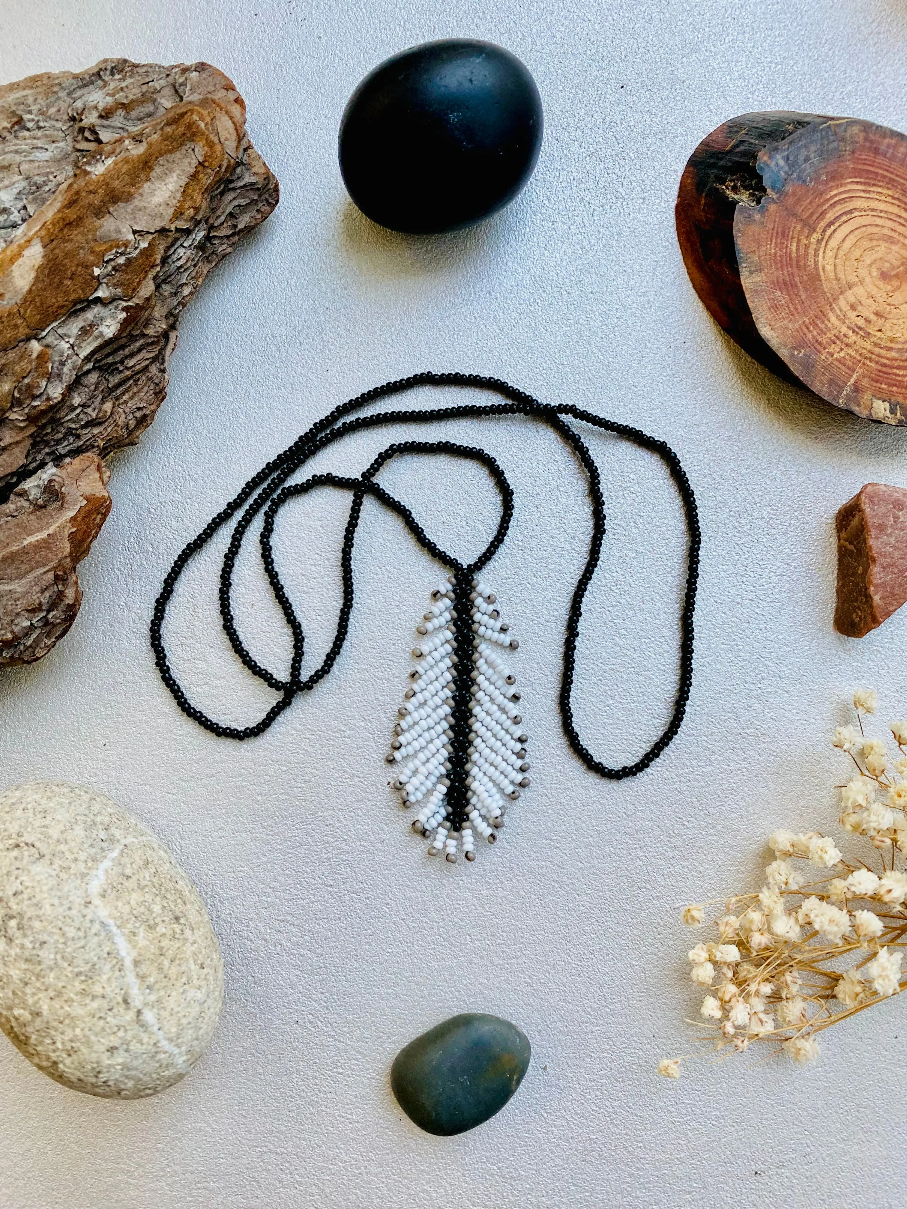 Handmade Black White Seed Beaded Feather Necklace for Women and Men in hippie boho style