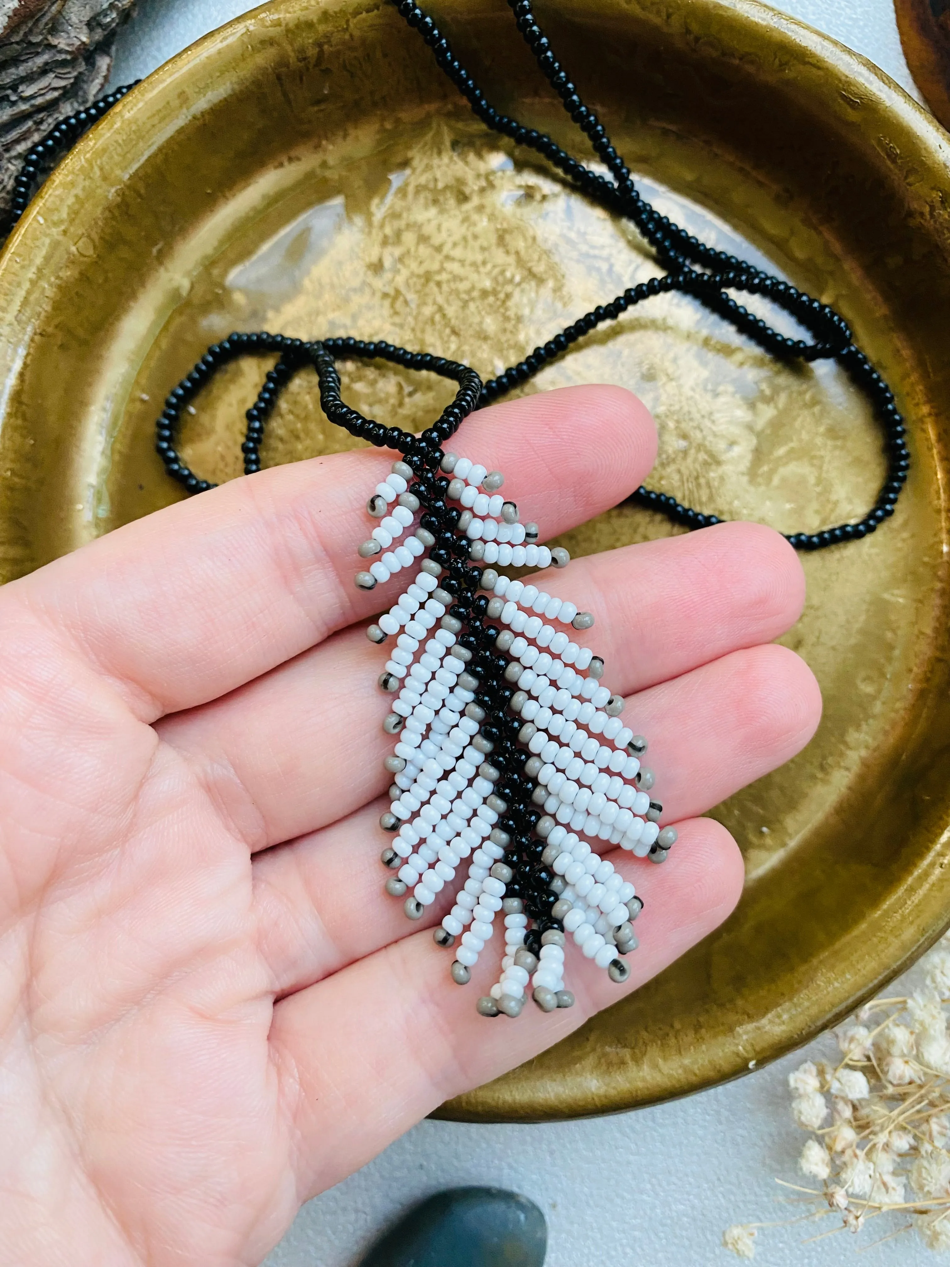 Handmade Black White Seed Beaded Feather Necklace for Women and Men in hippie boho style