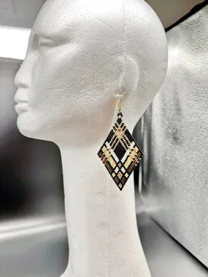 Indigenous Handcrafted Beaded Earrings - 'Plaid' - Brown