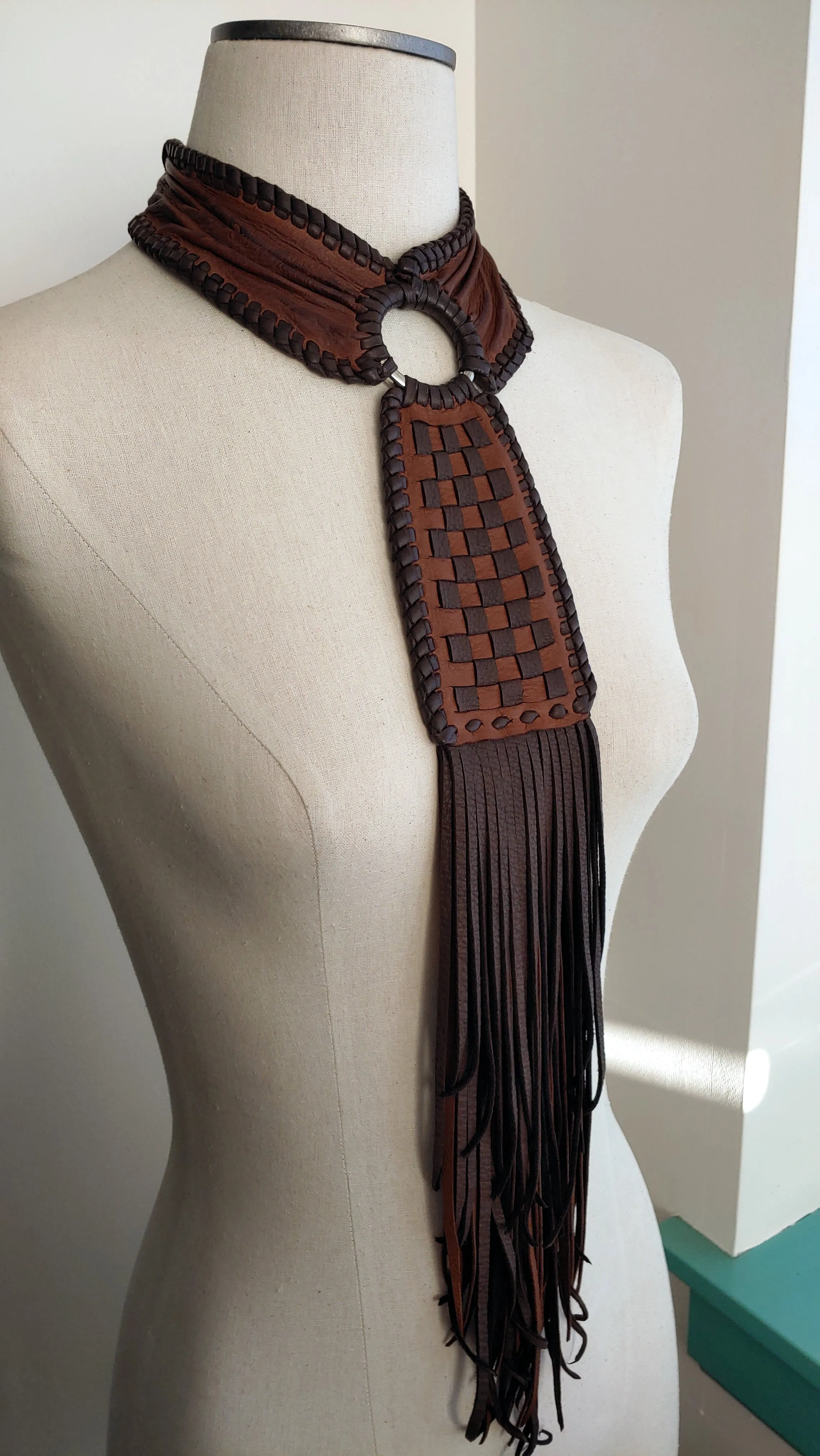 Kai Leather Necklace, Basket Weave Pendant, Crinkled Collar, Fringe, African Inspired