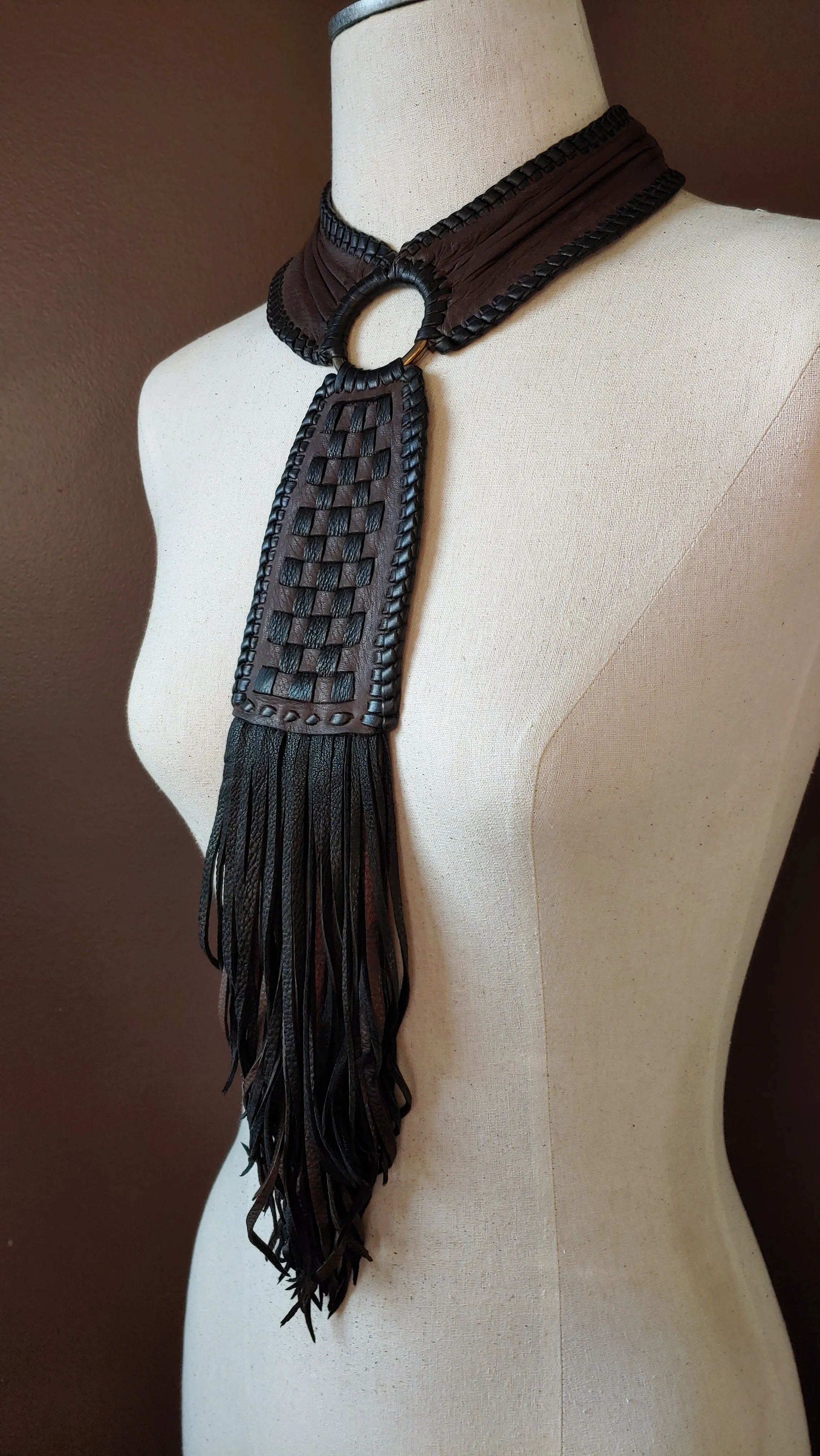 Kai Leather Necklace, Basket Weave Pendant, Crinkled Collar, Fringe, African Inspired