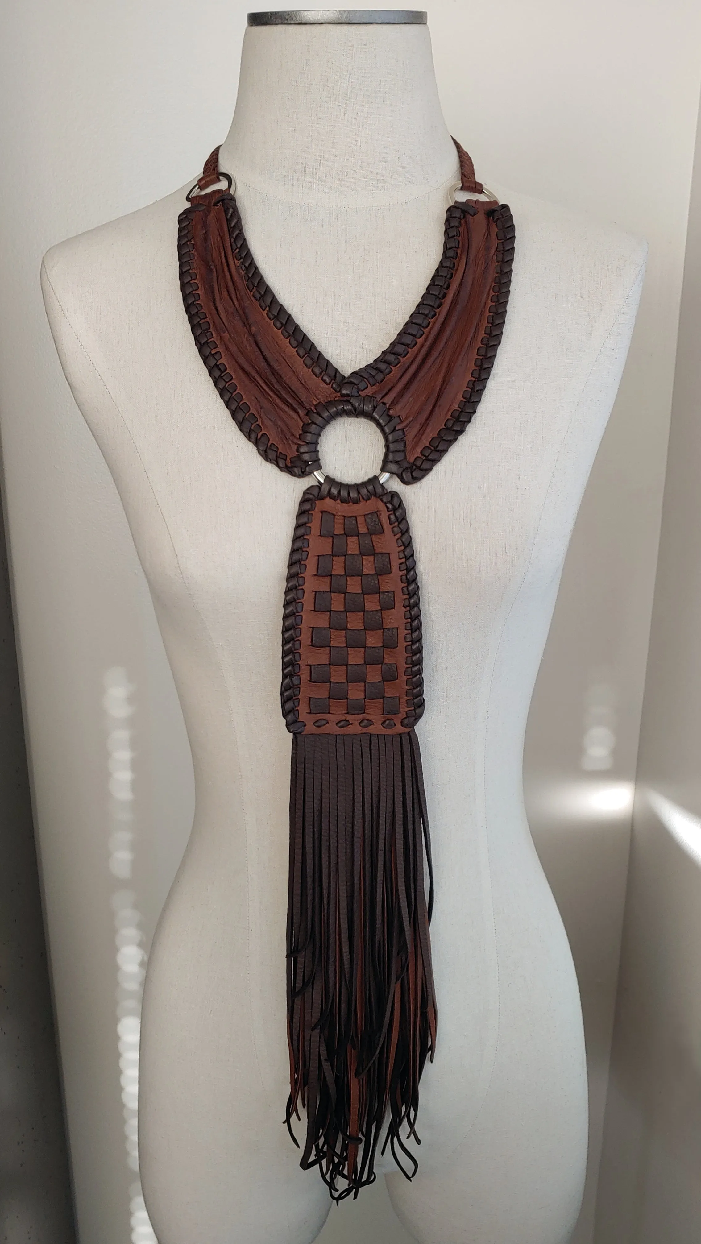 Kai Leather Necklace, Basket Weave Pendant, Crinkled Collar, Fringe, African Inspired