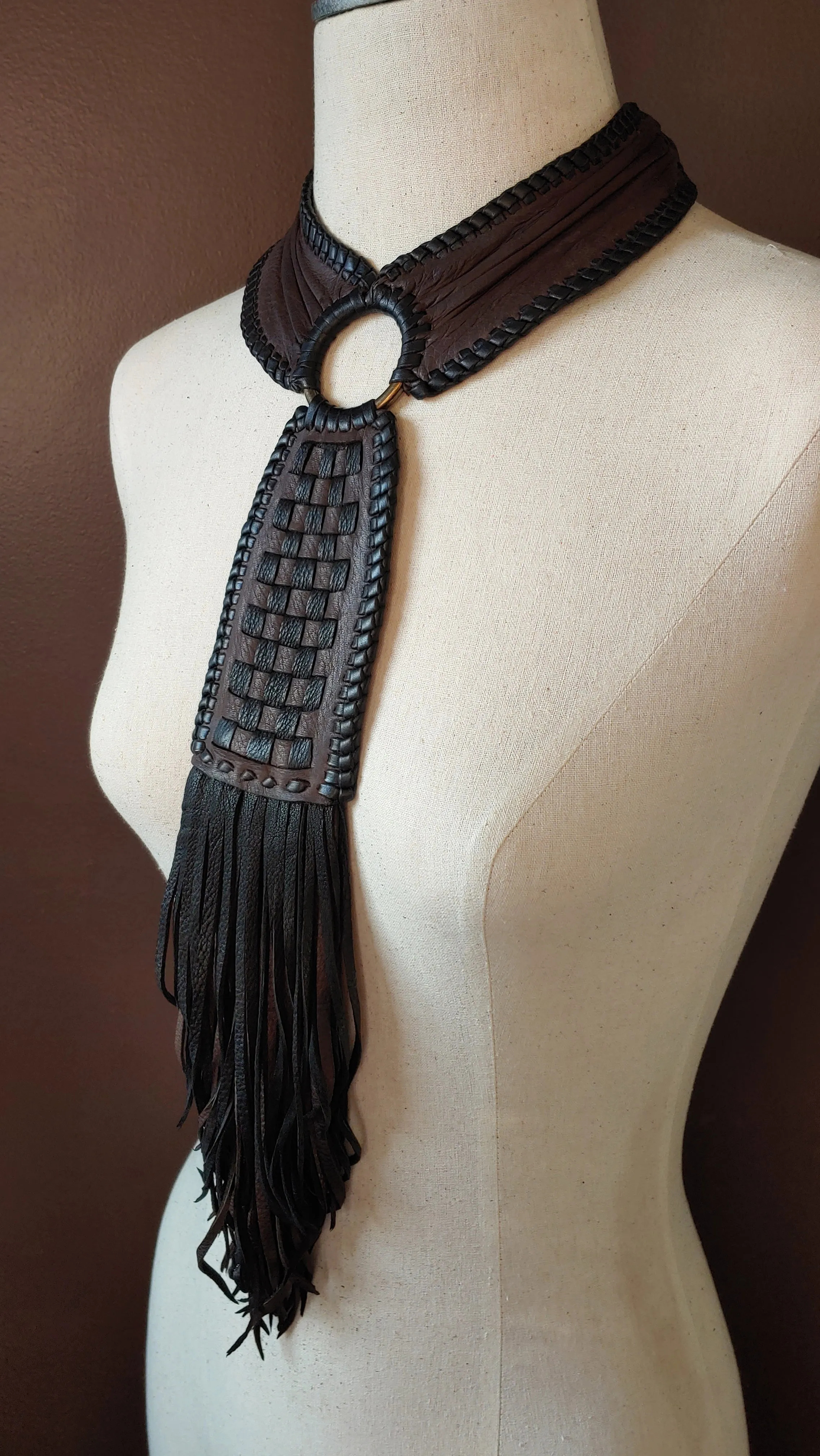 Kai Leather Necklace, Basket Weave Pendant, Crinkled Collar, Fringe, African Inspired