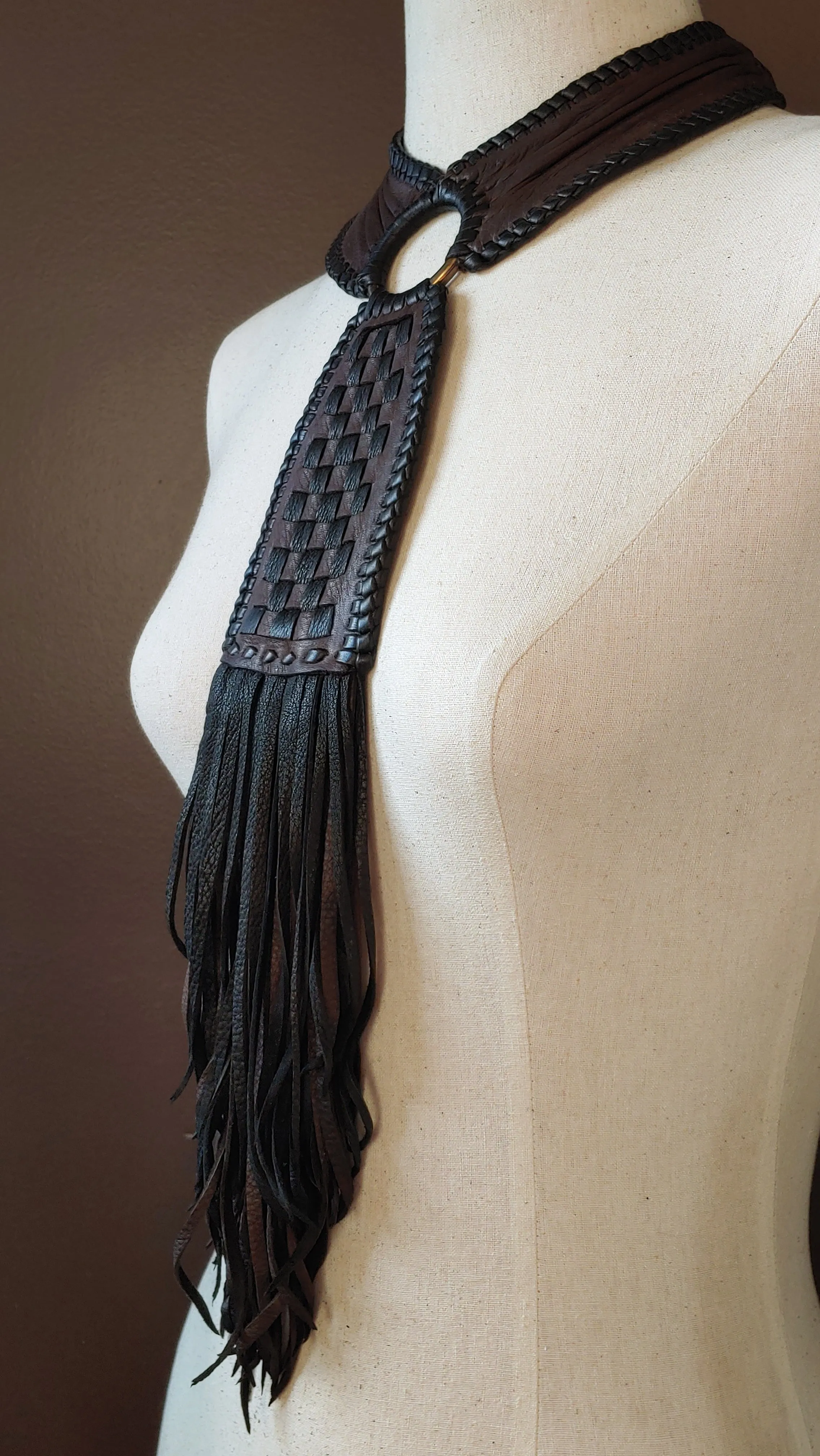 Kai Leather Necklace, Basket Weave Pendant, Crinkled Collar, Fringe, African Inspired