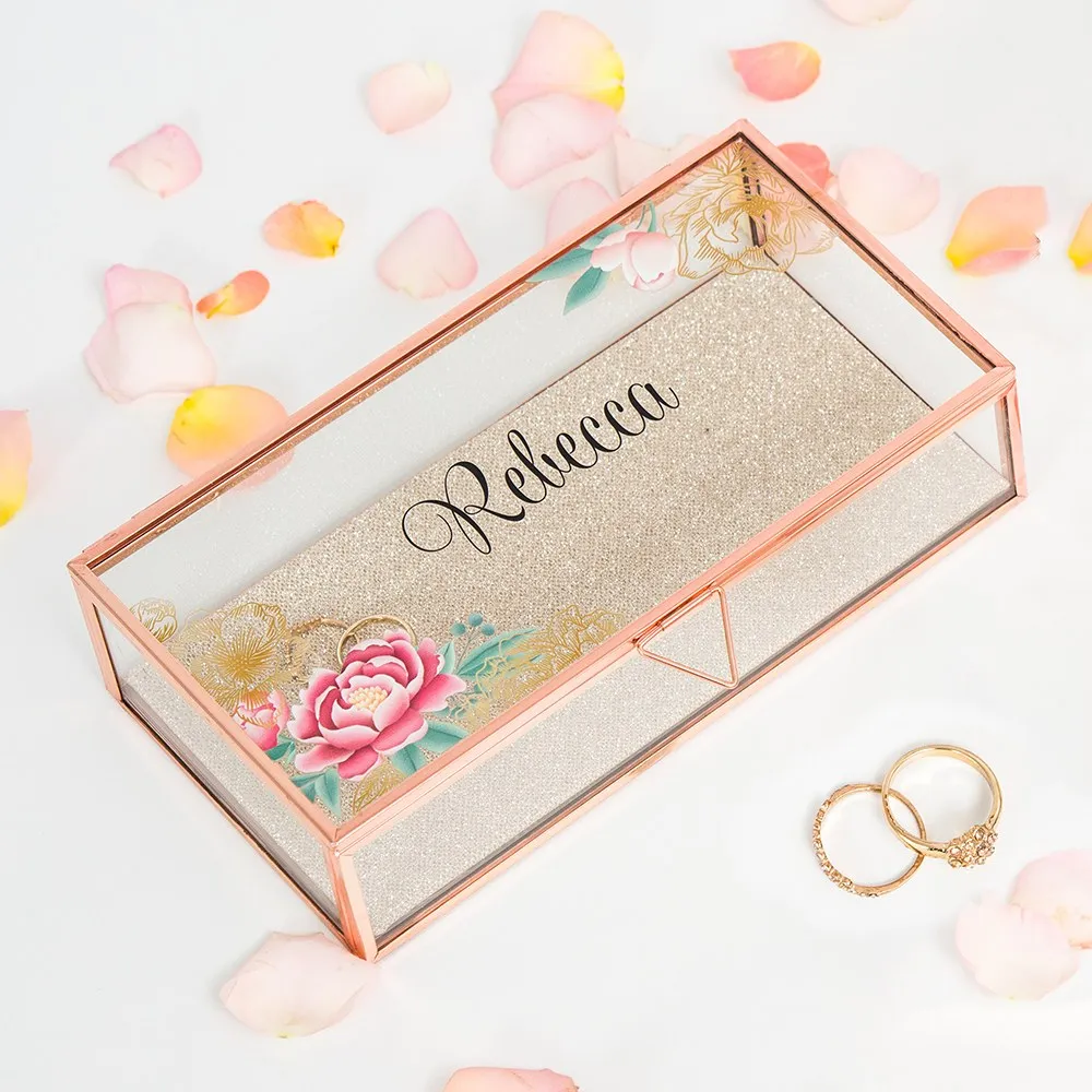 LARGE PERSONALIZED RECTANGLE GLASS JEWELRY BOX  - MODERN FLORAL PRINT