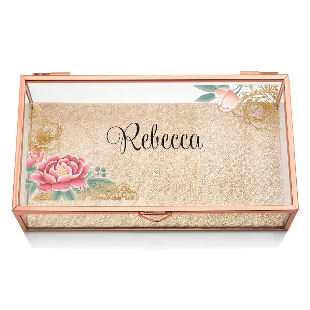 LARGE PERSONALIZED RECTANGLE GLASS JEWELRY BOX  - MODERN FLORAL PRINT