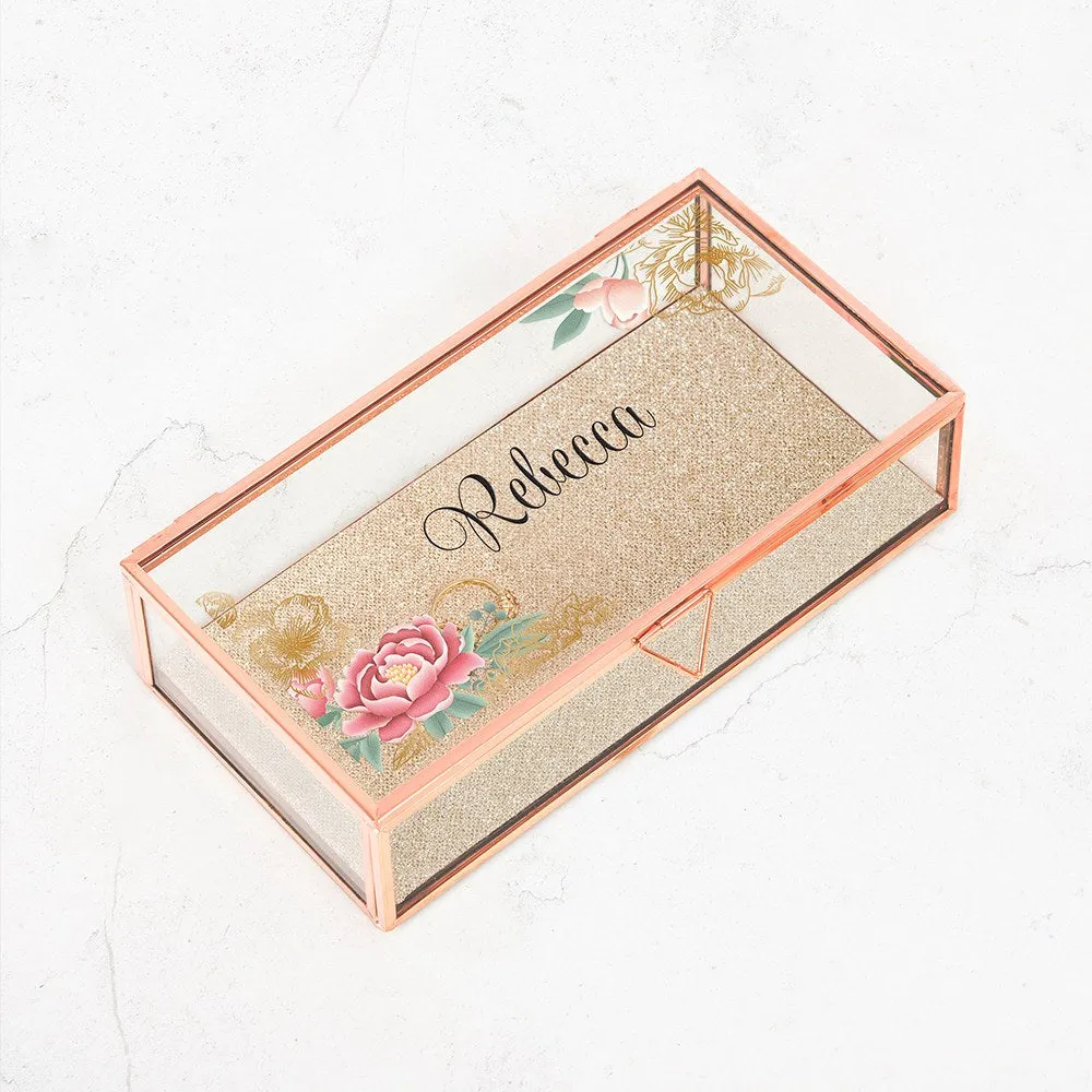 LARGE PERSONALIZED RECTANGLE GLASS JEWELRY BOX  - MODERN FLORAL PRINT