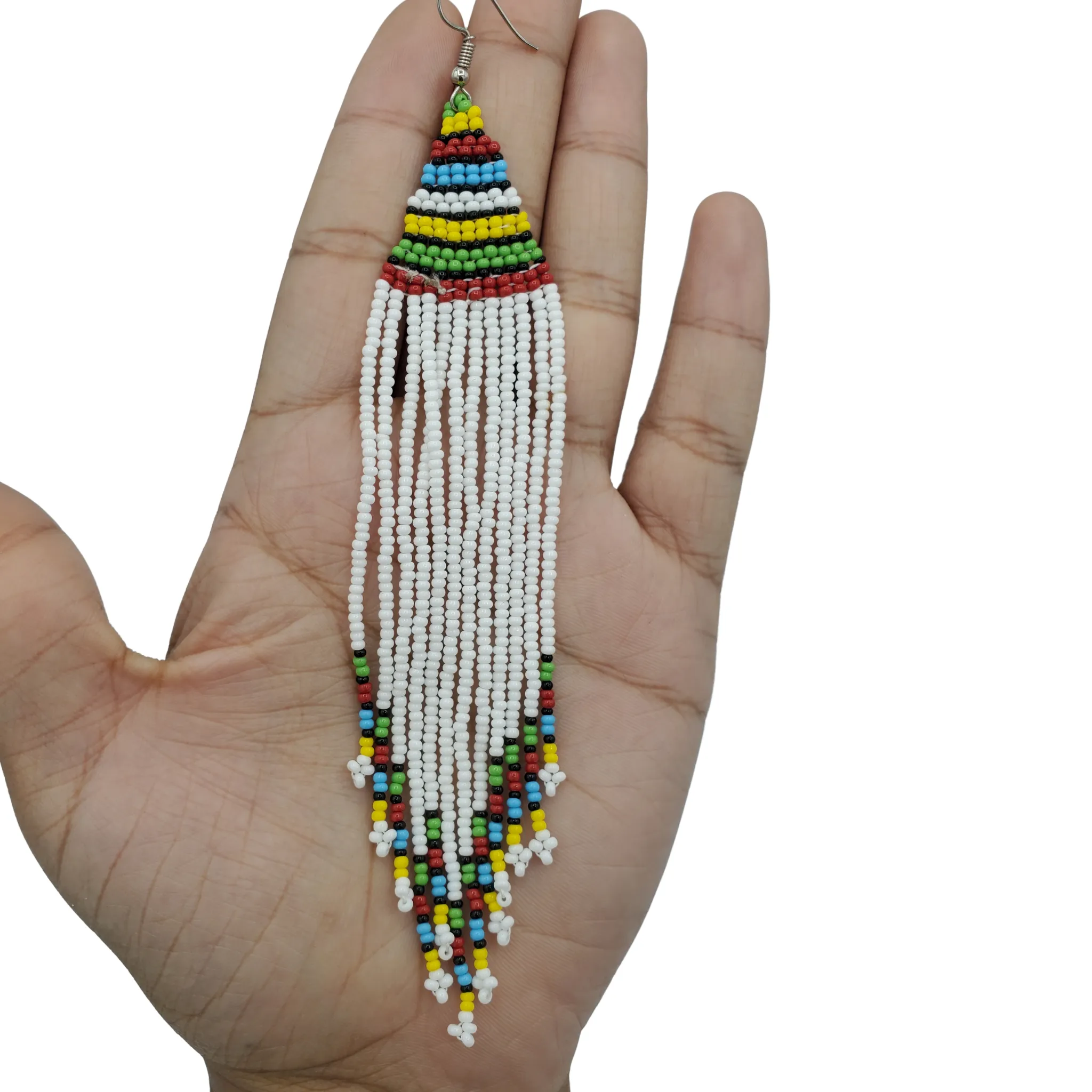 Long Beaded Tribal Earrings, White