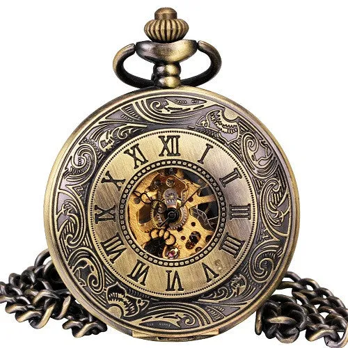 Men Vintage Mechanical Pocket Watch Retro Antique Watches with Chain Necklace Skeleton Dial Double Hunter Roman Numerals Gift