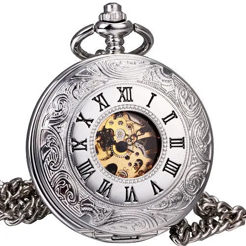 Men Vintage Mechanical Pocket Watch Retro Antique Watches with Chain Necklace Skeleton Dial Double Hunter Roman Numerals Gift