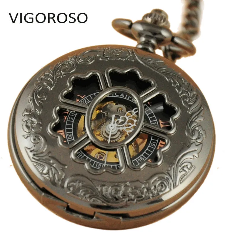 Men's Black Steel Vintage Pocket Watches Antique Watch Mechanical Hand Wind Skeleton Watch Anniversary Groomsman Gift