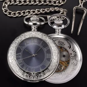 Mens Mechanical Antique Silver Pocket Watch Men Retro Hand Wind Necklace With Chain Skeleton Pendant Clock Pocket & Fob Watches