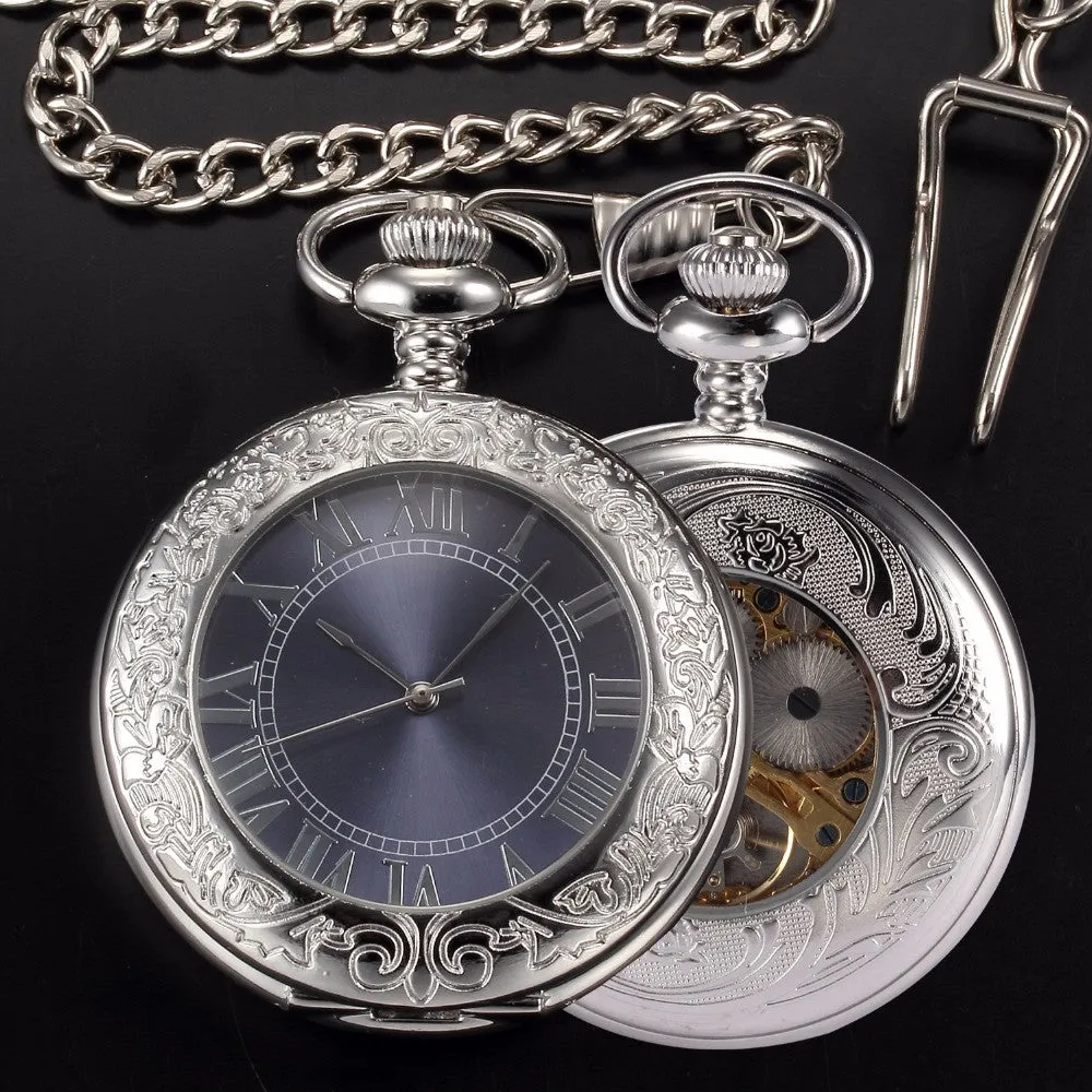 Mens Mechanical Antique Silver Pocket Watch Men Retro Hand Wind Necklace With Chain Skeleton Pendant Clock Pocket & Fob Watches