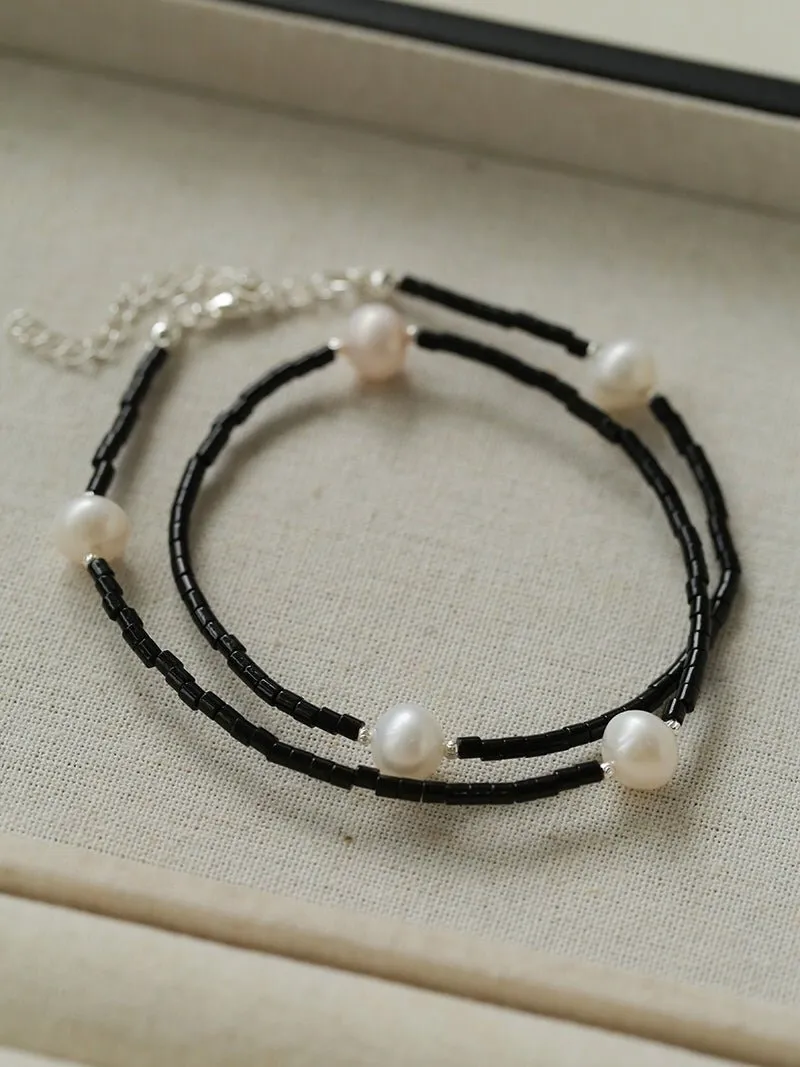 Minimalist Modern Pearl and Black Agate Beaded Necklace