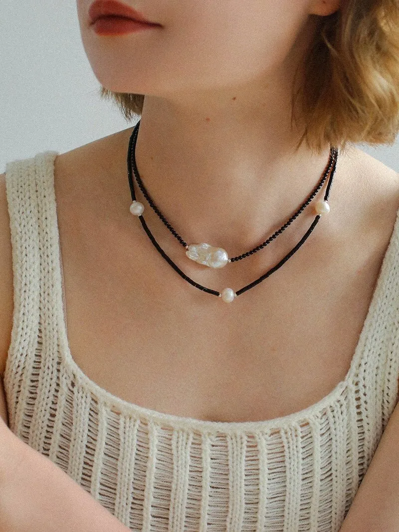 Minimalist Modern Pearl and Black Agate Beaded Necklace