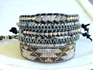 Neutral Gray Beige Western Bead Loom Woven and Macrame Bracelet Set