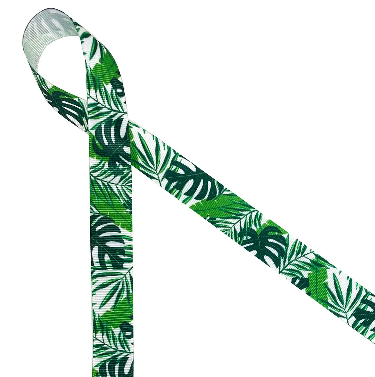 Palm fronds Ribbon printed on 7/8" and 1.5" white grosgrain