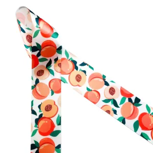 Peaches ribbon peach halves with pits and leaves printed on 1.5" white satin ribbon