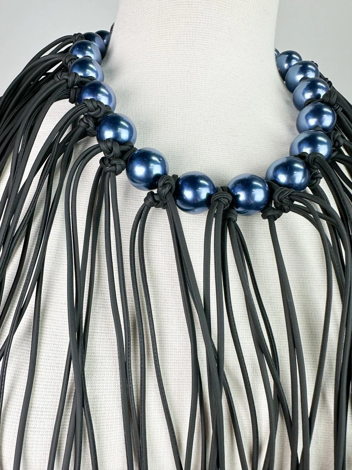 Pearl Leatherette Fringe Necklace, Blue