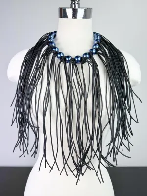 Pearl Leatherette Fringe Necklace, Blue