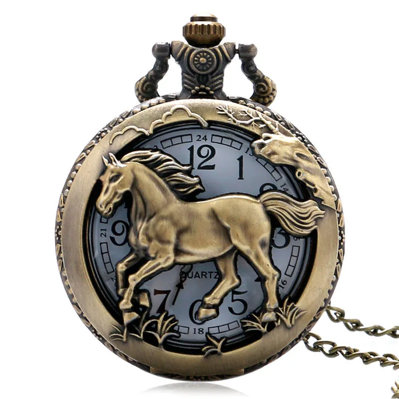 Pocket Watch Free Shipping Bronze Copper Horse Hollow Quartz Watch Clock Hour Fob With Chain Pendant Womens Men Xmas GIfts P907