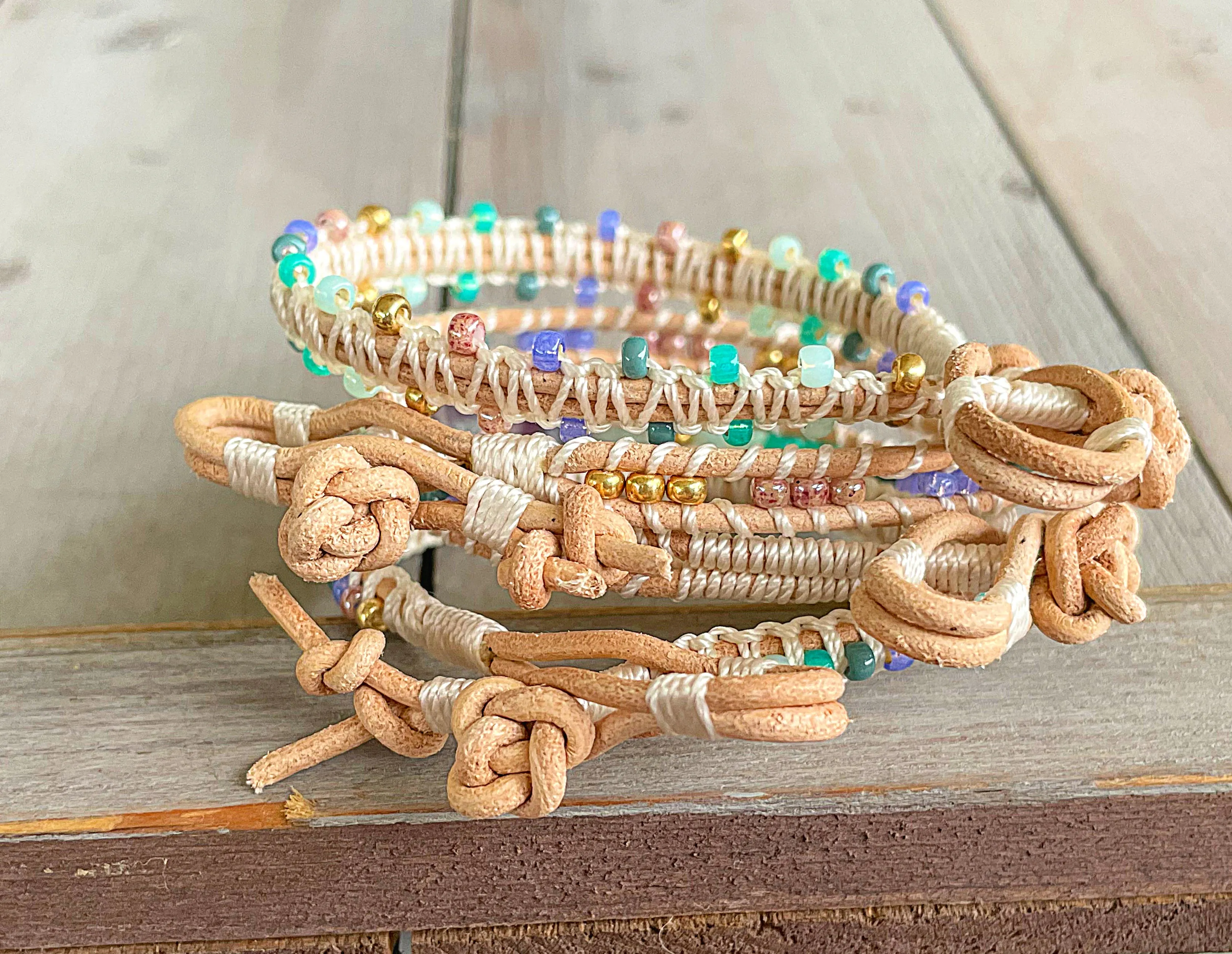 Purple, Green, Gold Beaded Macrame Bracelet and Geometric Arrow Loom Woven Set