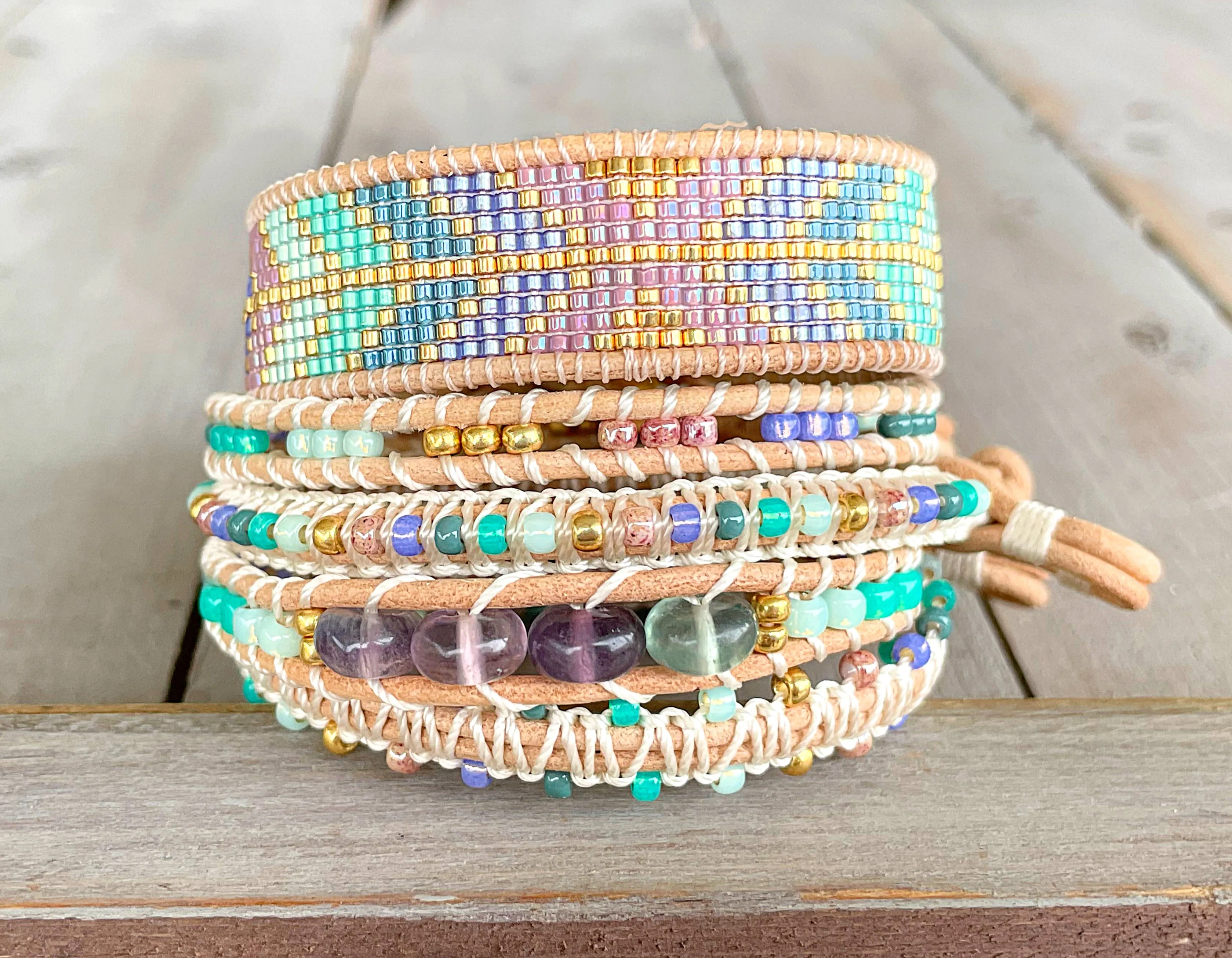 Purple, Green, Gold Beaded Macrame Bracelet and Geometric Arrow Loom Woven Set