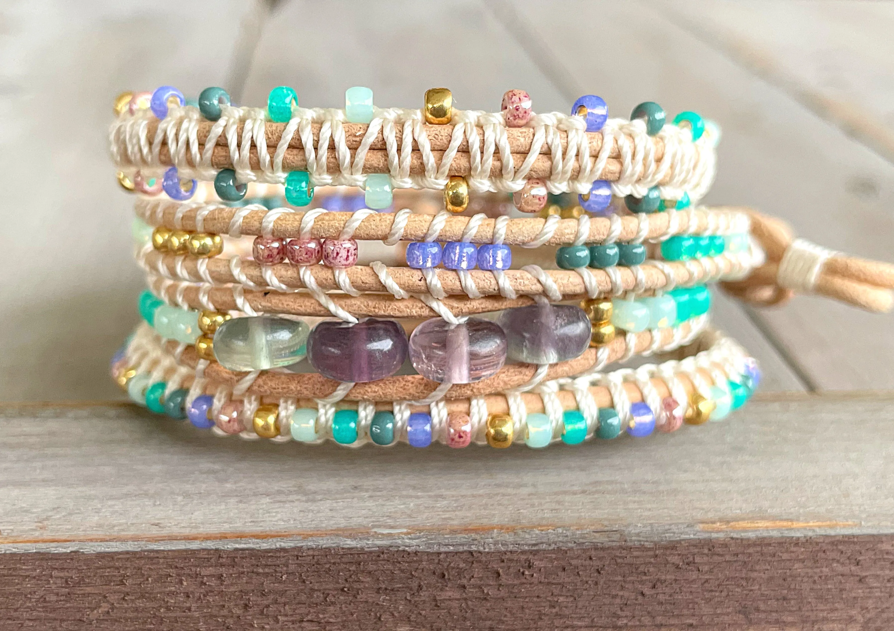 Purple, Green, Gold Beaded Macrame Bracelet and Geometric Arrow Loom Woven Set