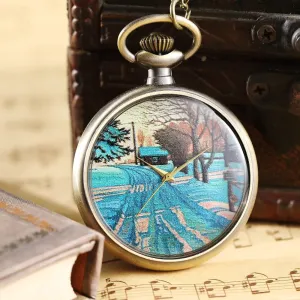 Retro Unisex Transparent Art Pattern Open Face Quart Pocket Watch