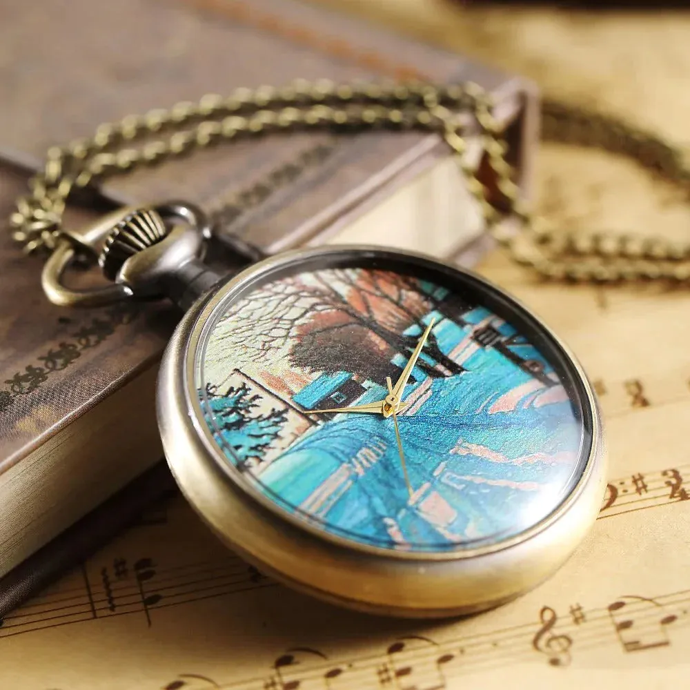 Retro Unisex Transparent Art Pattern Open Face Quart Pocket Watch