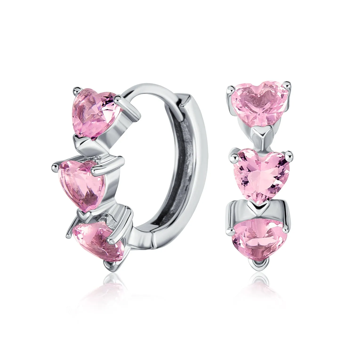 Romantic Pink Heart CZ Hoop Earrings Small Huggie Sterling Silver