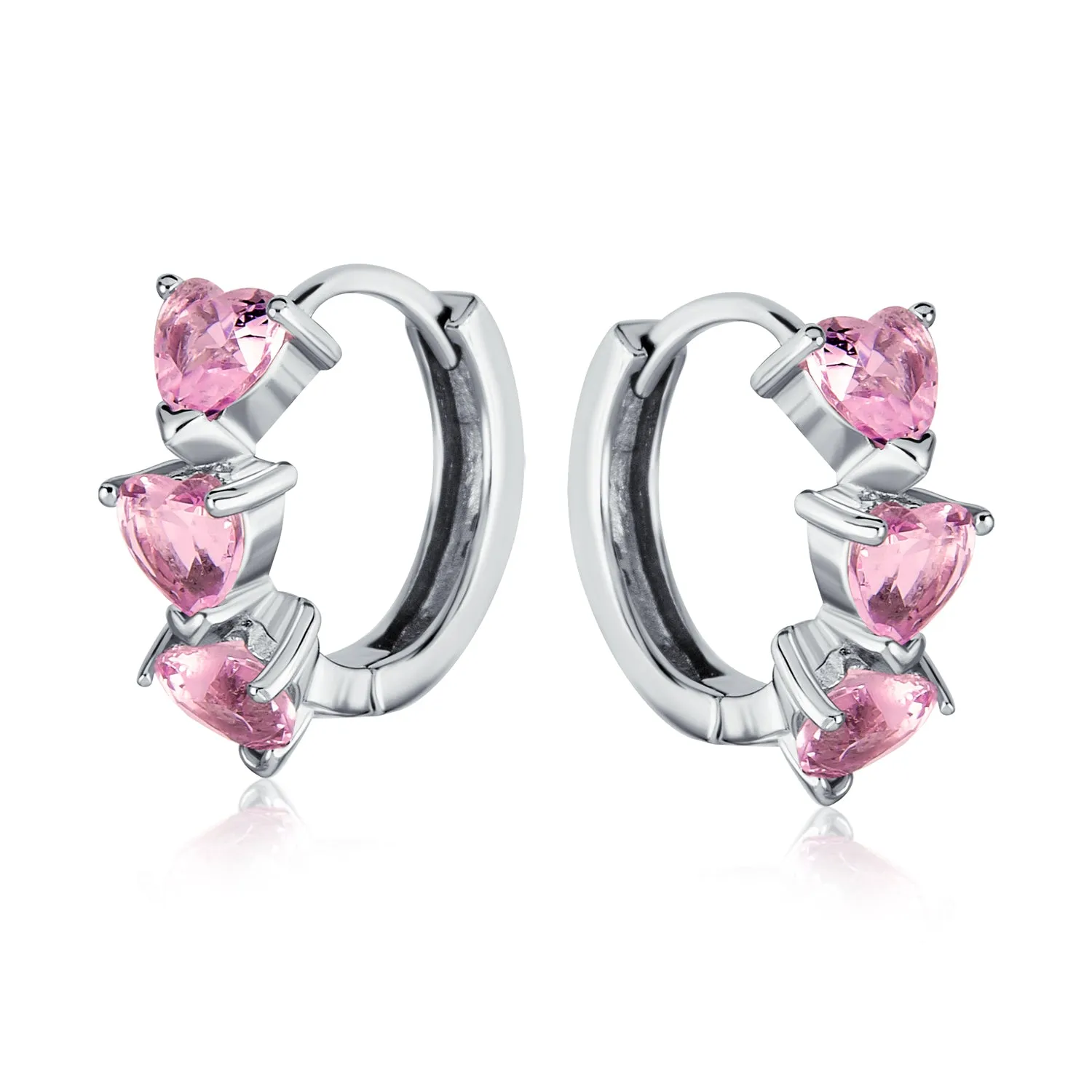 Romantic Pink Heart CZ Hoop Earrings Small Huggie Sterling Silver