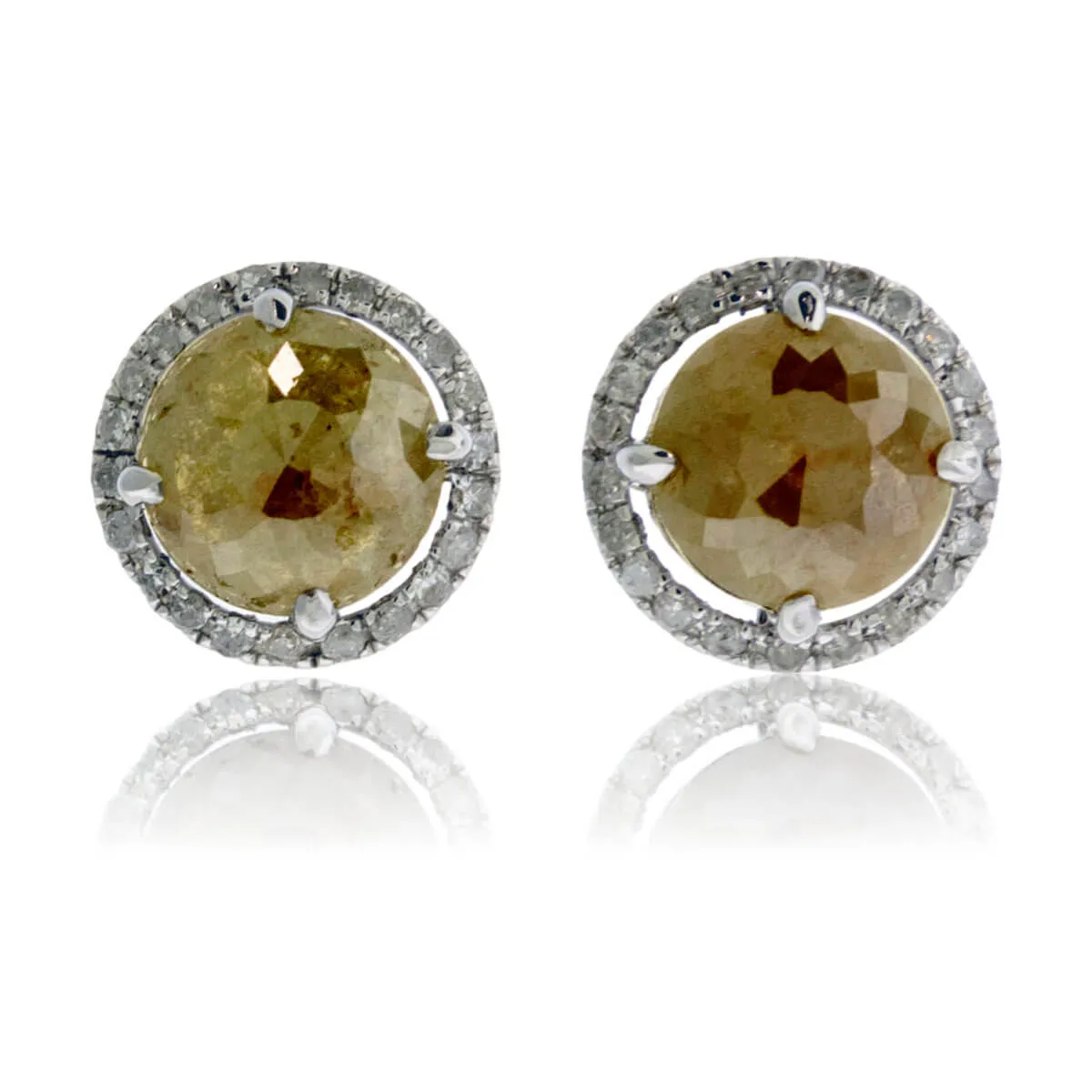 Rose Cut Rough Diamond & Diamond Halo Stud Earrings