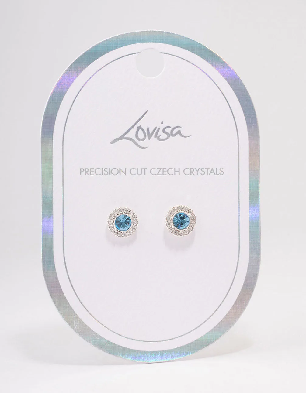 Silver Aqua Crystal Halo Stud Earrings