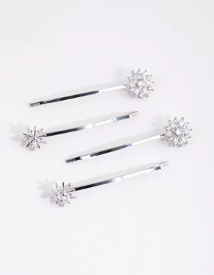 Silver Cubic Zirconia Flower Mix Hair Slide 4-Pack