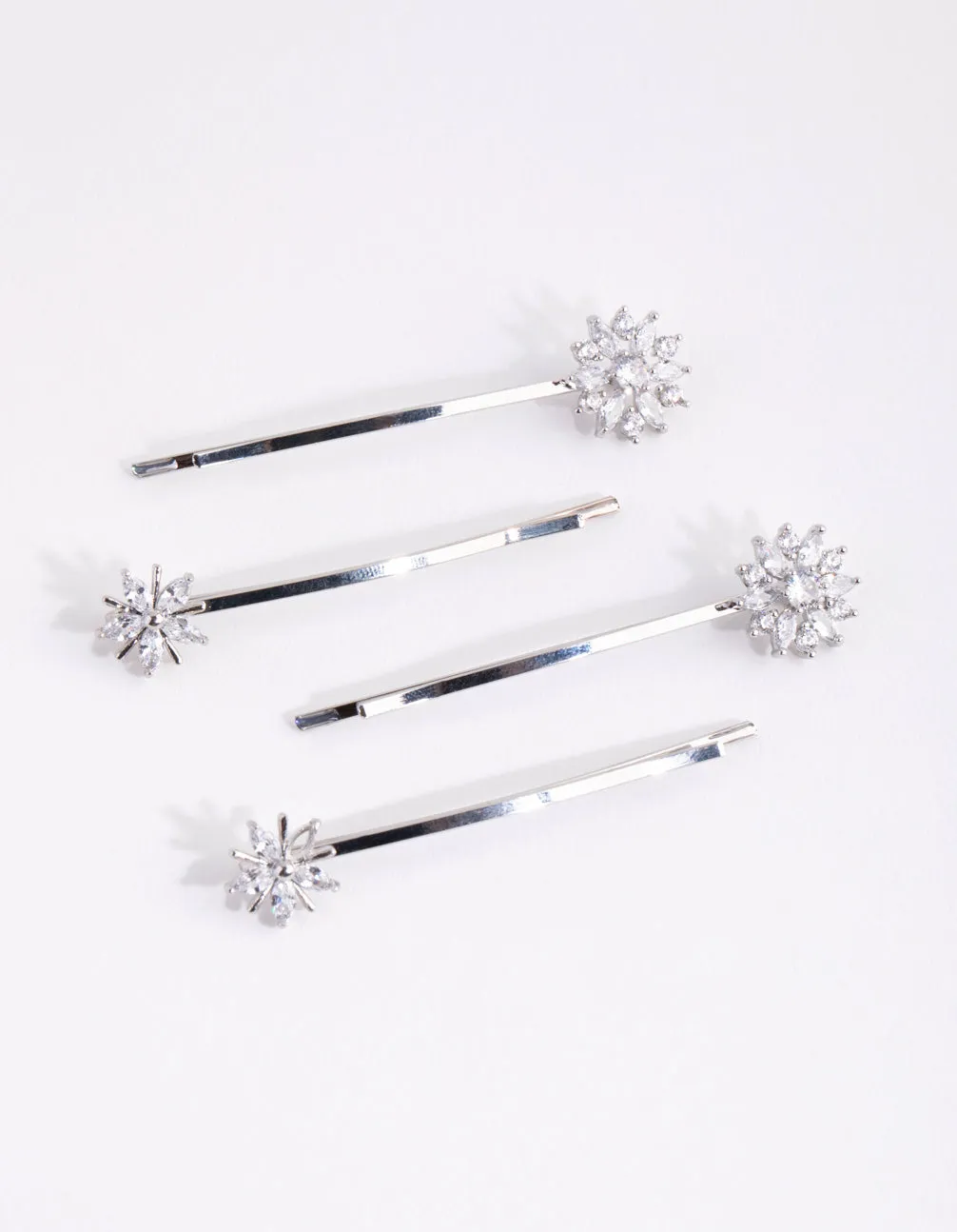 Silver Cubic Zirconia Flower Mix Hair Slide 4-Pack