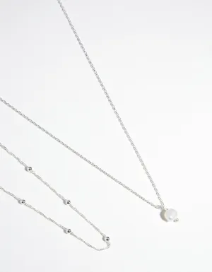 Silver Plated 2-Row Single Pearl Drop Necklace