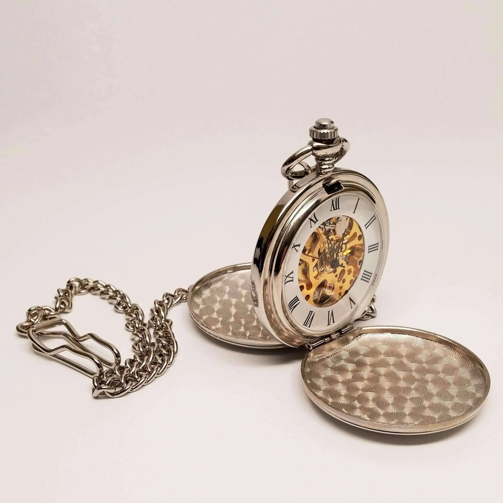 Silver Tone Antique Skeleton Mechanical Style Two-Door Pocket Watch