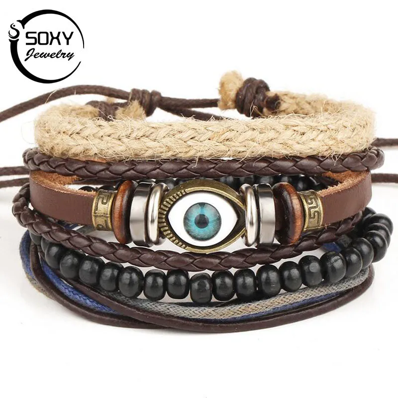 SOXY Multi-layer Adjustable Leather Beaded Bracelet Hand-Woven Men's Bracelet Bangles