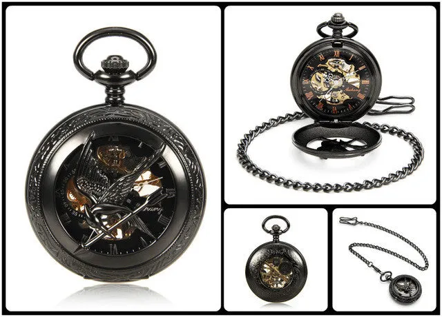 Steampunk Skeleton Male Clock Transparent Mechanical Black See Though Face Retro Ver Vintage Pendant Pocket Watch Gift