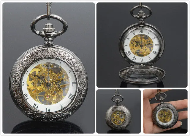 Steampunk Skeleton Male Clock Transparent Mechanical Black See Though Face Retro Ver Vintage Pendant Pocket Watch Gift