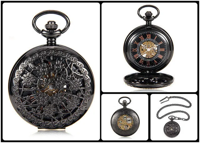 Steampunk Skeleton Male Clock Transparent Mechanical Black See Though Face Retro Ver Vintage Pendant Pocket Watch Gift